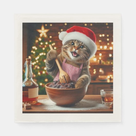 Tabby cat baking boozy christmas pudding  servet (Voorkant)