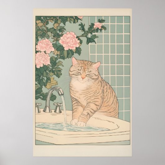 Tabby Cat Bathroom Print Ukiyo-e Japanese Wall Art (Voorkant)