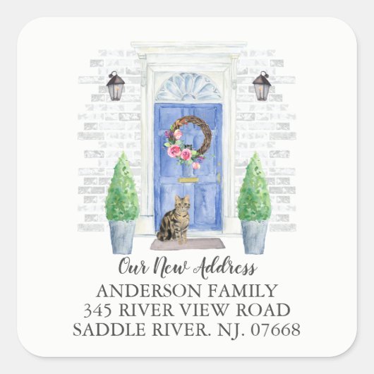Tabby Cat Blue Door Nieuw Adres Label Sticker (Voorkant)
