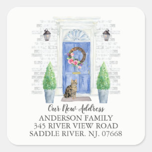 Tabby Cat Blue Door Nieuw Adres Label Sticker