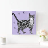 Tabby Cat Cats Art Animal Pastel Paars Lavender Vierkante Klok (Huis)