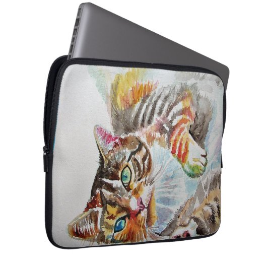 Tabby Cat cats pet art Waterverf Dames Wallet Laptop Sleeve (Voorkant Rechts)