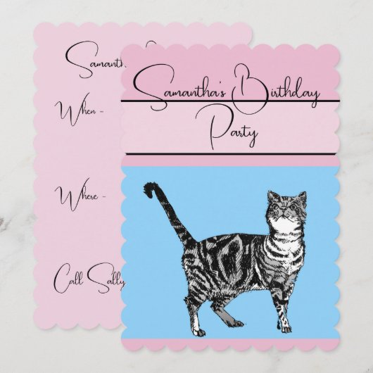Tabby Cat Cats Roze blauwe verjaardag Uitnodiging (Voorkant / Achterkant)
