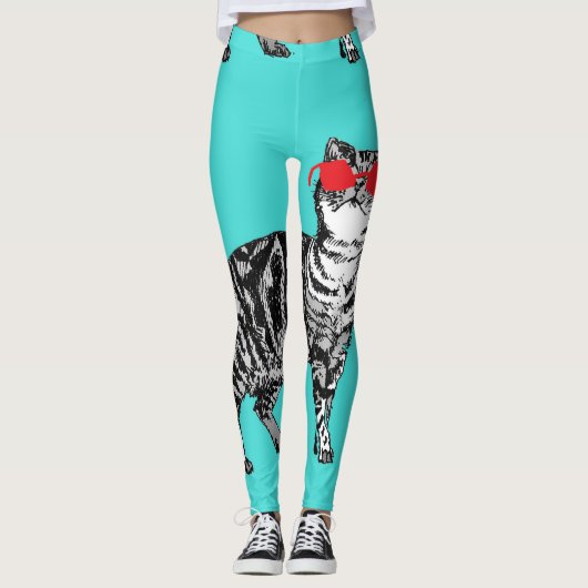 Tabby Cat Cool Animal Black en Aqua Leggings (Voorkant)
