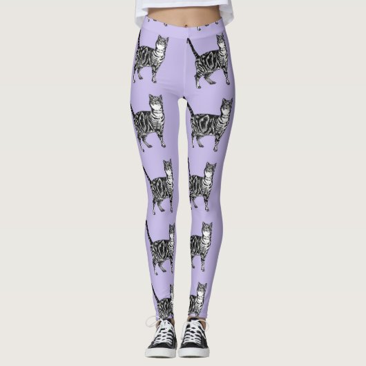 Tabby Cat Cool Animal Black en Puple Leggings (Voorkant)