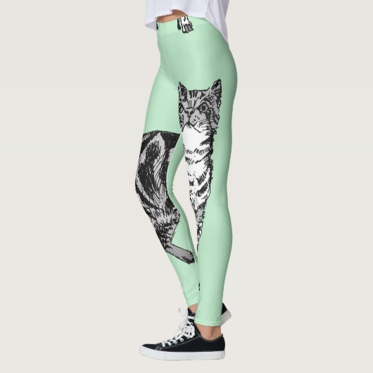 Tabby Cat Cool Animal Black & Mint Green Leggings (Links)