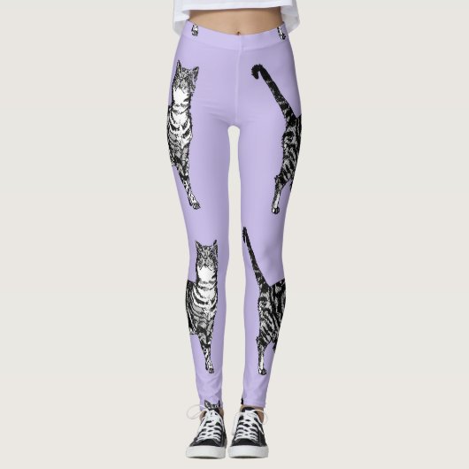 Tabby Cat Cool Animal Zwart en Puple Leggings (Voorkant)
