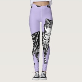Tabby Cat Cool Animal Zwart en Puple Leggings