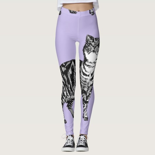Tabby Cat Cool Animal Zwart en Puple Leggings (Voorkant)