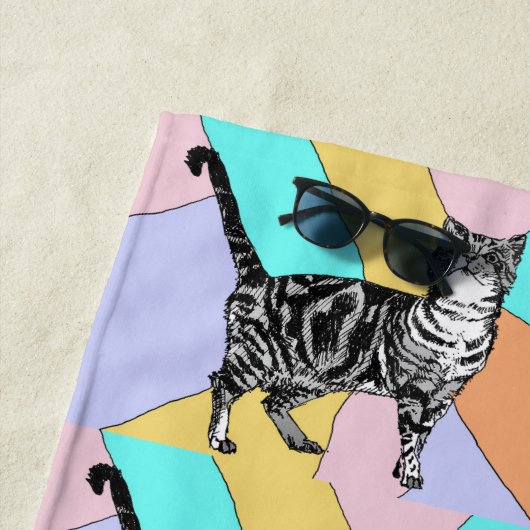 Tabby Cat Cute  Paarse Girls Waterverf Strandlaken (In situ)