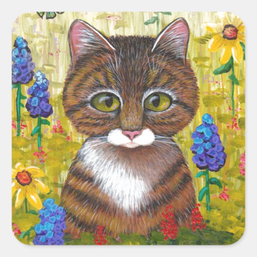 Tabby Cat Flowers Floral Art Creationarts Vierkante Sticker (Voorkant)