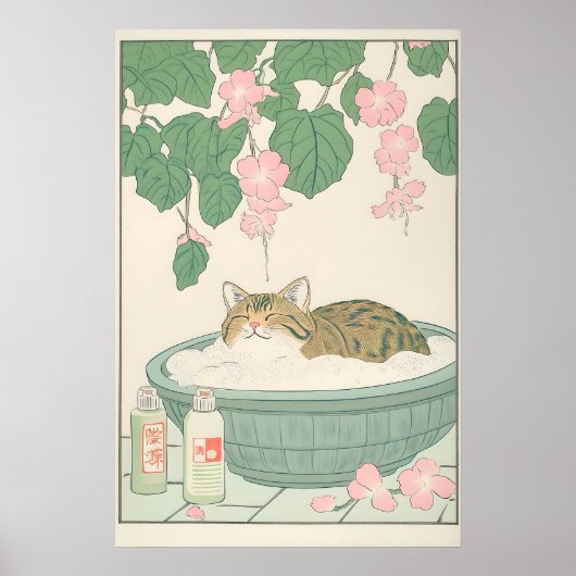 Tabby Cat in Bathtub Art Print Japanese Bathroom (Voorkant)