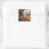 Tabby Cat in een stapel herfstbladeren Vierkante Sticker (Tas)