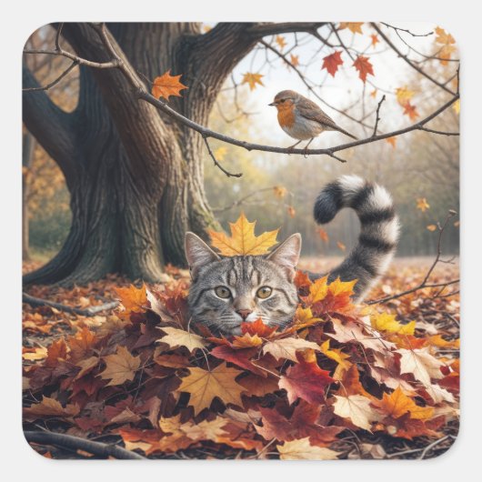 Tabby Cat in een stapel herfstbladeren Vierkante Sticker (Voorkant)