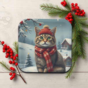 Tabby Cat in Preppy winterkleding en Pet Papieren Bordje