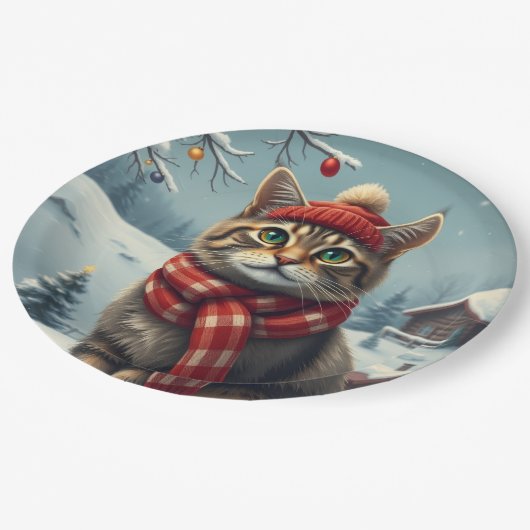 Tabby Cat in Preppy winterkleding en Pet Papieren Bordje (Gekanteld)