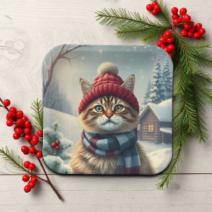 Tabby Cat in Preppy Winterkleding en Pet Winter Papieren Bordje