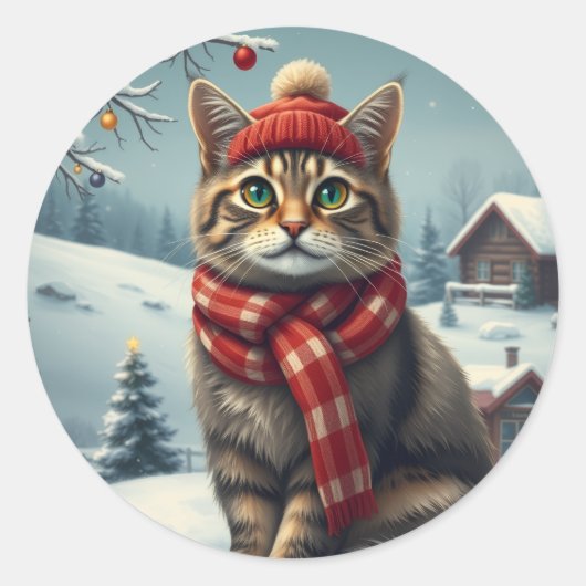 Tabby Cat in Preppy Winterkleding en Pet Winter Ronde Sticker (Voorkant)