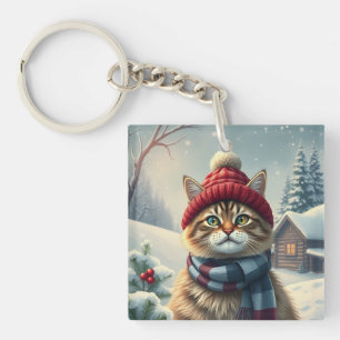 Tabby Cat in Preppy Winterkleding en Pet Winter Sleutelhanger