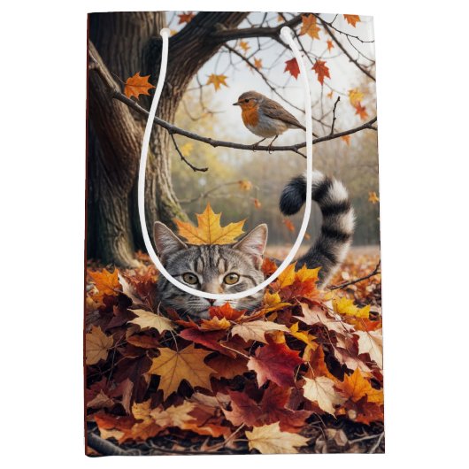 Tabby Cat in stapel herfstbladeren Medium Cadeauzakje (Voorkant)