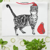 Tabby Cat Kerstmis Cool Cat Red White Tea Towel Theedoek (Gevouwen)
