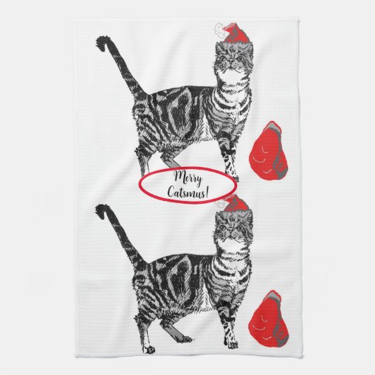 Tabby Cat Kerstmis Cool Cat Red White Tea Towel Theedoek (Verticaal)