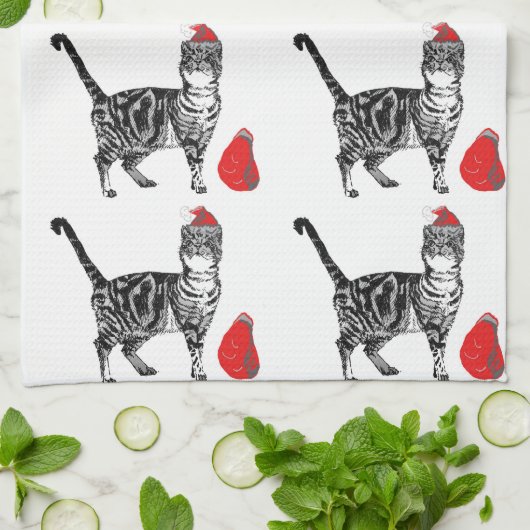 Tabby Cat Kerstmis Cool Cat Red White Tea Towel Theedoek (Gevouwen)