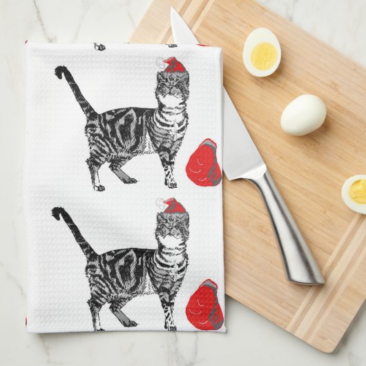 Tabby Cat Kerstmis Cool Cat Red White Tea Towel Theedoek (Quarter Fold)