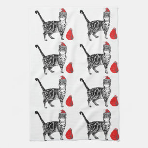 Tabby Cat Kerstmis Cool Cat Red White Tea Towel Theedoek