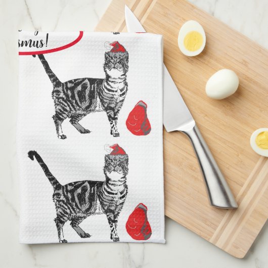 Tabby Cat Kerstmis Cool Cat Red White Tea Towel Theedoek (Quarter Fold)