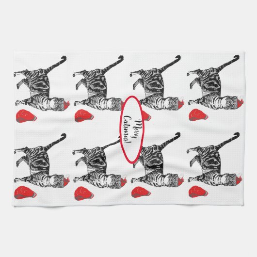 Tabby Cat Kerstmis Cool Cat Red White Tea Towel Theedoek (Horizontaal)