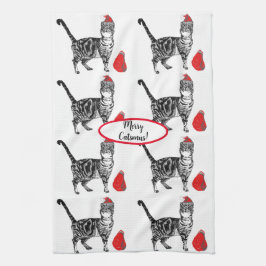 Tabby Cat Kerstmis Cool Cat Red White Tea Towel Theedoek