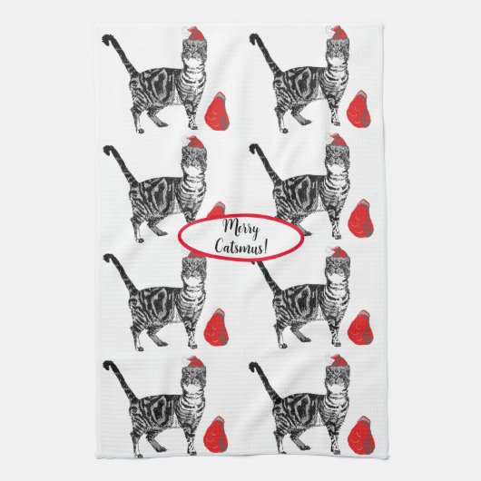 Tabby Cat Kerstmis Cool Cat Red White Tea Towel Theedoek (Verticaal)