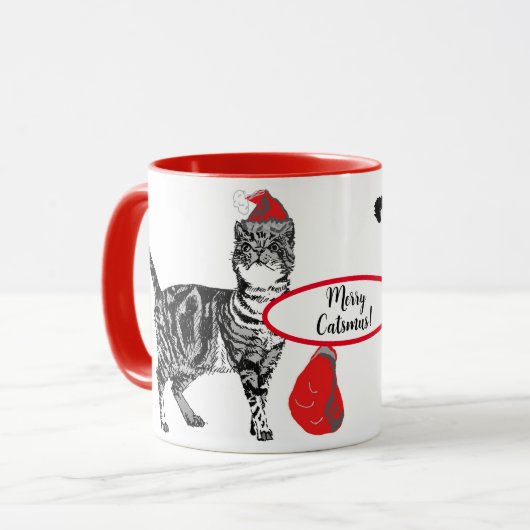 Tabby Cat Kerstmis Rood White Funny Mok (Voorkant links)