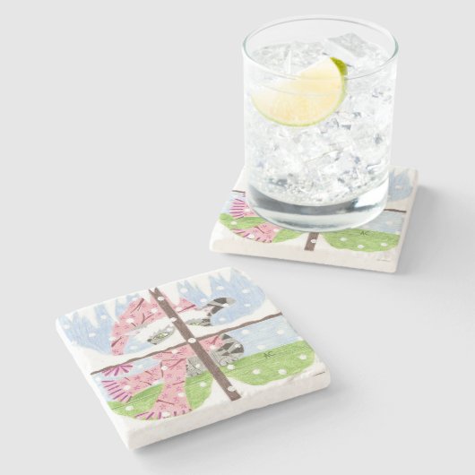 Tabby cat kijkt uit het raam stenen onderzetter (Zijkant)