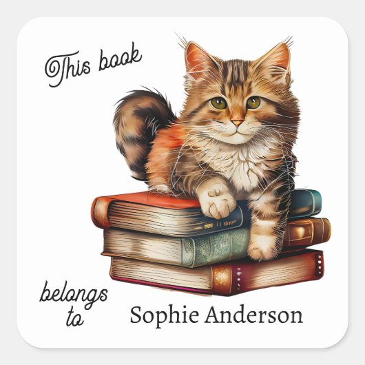 Tabby Cat Kitten over de eigendom van boeken Vierkante Sticker (Voorkant)