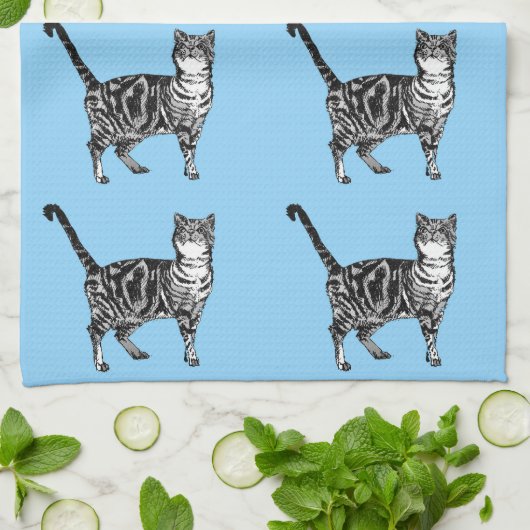 Tabby Cat Light Blue Tea Towel Theedoek (Gevouwen)