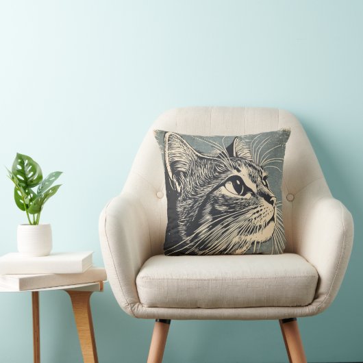Tabby Cat  Lino Print Kussen (Stoel)