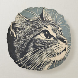 Tabby Cat  Lino Print Rond Kussen