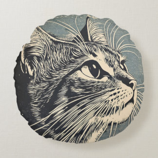Tabby Cat  Lino Print Rond Kussen