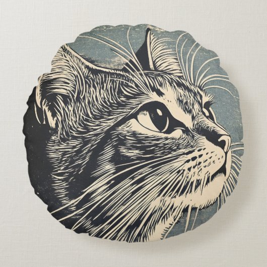 Tabby Cat  Lino Print Rond Kussen (Voorkant)