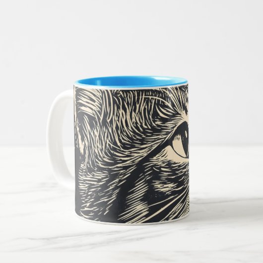 Tabby Cat  Lino Print Tweekleurige Koffiemok (Voorkant links)