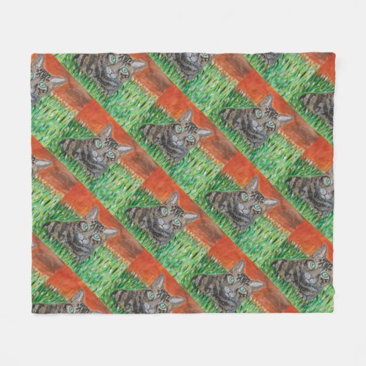 Tabby cat looking curious in grass fleece blanket  deken (Voorkant (Horizontaal))