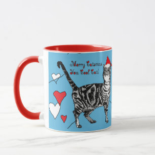 Tabby Cat Merry Blue Red Kerstmis Mok