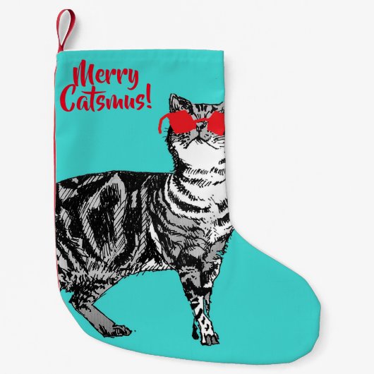 Tabby Cat Merry Catsmus Aqua kerststop Kleine Kerstsok (Voorkant)