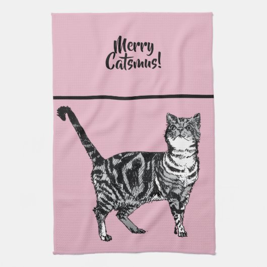 Tabby Cat Merry Catsmus Pink Christmas Cats Theedoek (Verticaal)