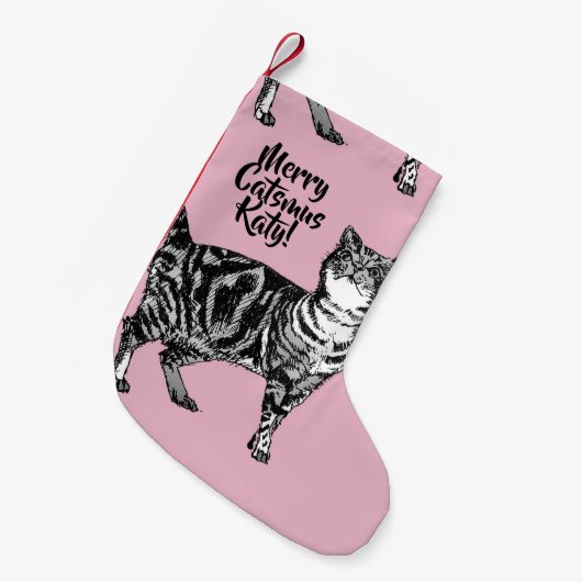 Tabby Cat Merry Catsmus Pink Christmas Stocking Kleine Kerstsok (Voorkant (Hangend))