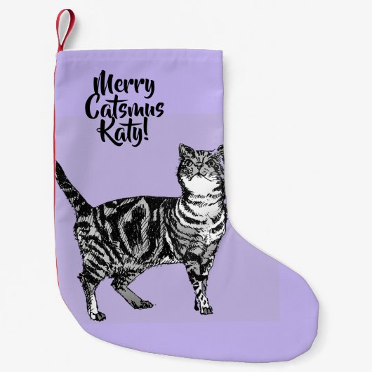 Tabby Cat Merry Catsmus Purple Christmas Stocking Kleine Kerstsok (Voorkant)