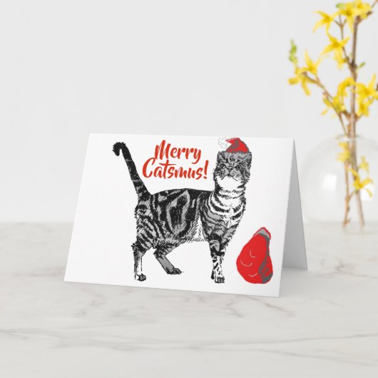 Tabby Cat Merry Catsmus rode kerst Kaart (Gele Bloem)