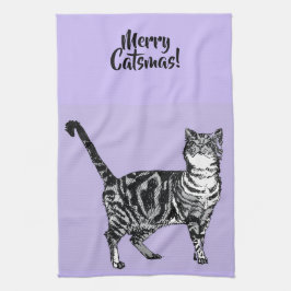 Tabby Cat Merry Christmas Purple Lavender Pastel Theedoek